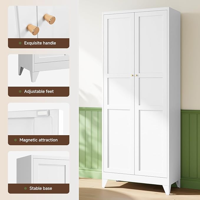 75" H Metal Storage Cabinet with 2 Doors and 4 Shelves,Tall Kitchen Pantry Cabinets,Farmhouse Utility Pantry Organizers for Cupboard/Dining/Bathroom/Home Office/Garage Room,White