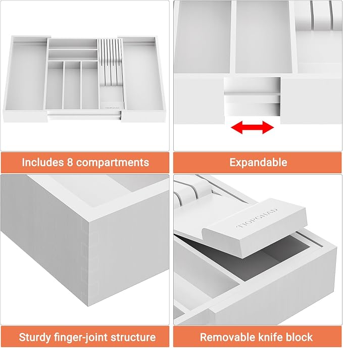 TIOPGHAD Bamboo-Silverware-Drawer-Organizer-Kitchen, Expandable Utensil Holder Cutlery Tray Flatware Organization Adjustable Wood Tableware Dividers Storage (with Removable Knife Block)(White)