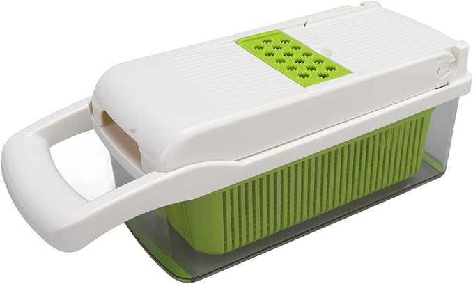 Vegetable Cutter Peeler Chopper Grater, Stainless Steel Kitchen Tool with Anti - Slip Handle and Blade Container for Potato Carrot Onion, 12 - Piece Set for Home (White)