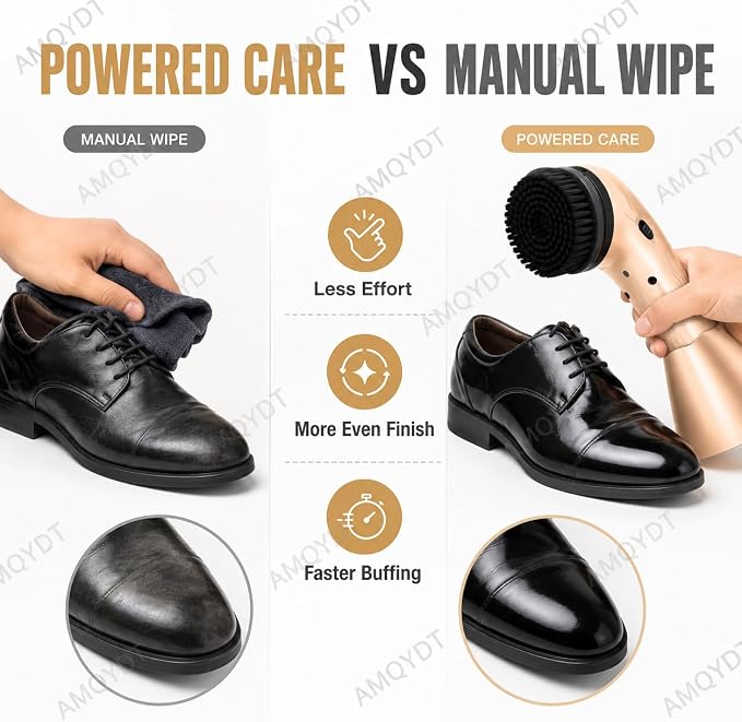 Handheld Electric Shoe Polisher, Rechargeable Shoe Shine Kit with 6 Brush Heads, Ergonomic Grip and Compact Storage Base for Cleaning and Polishing Leather Shoes, Bags, Boots and Upholstery