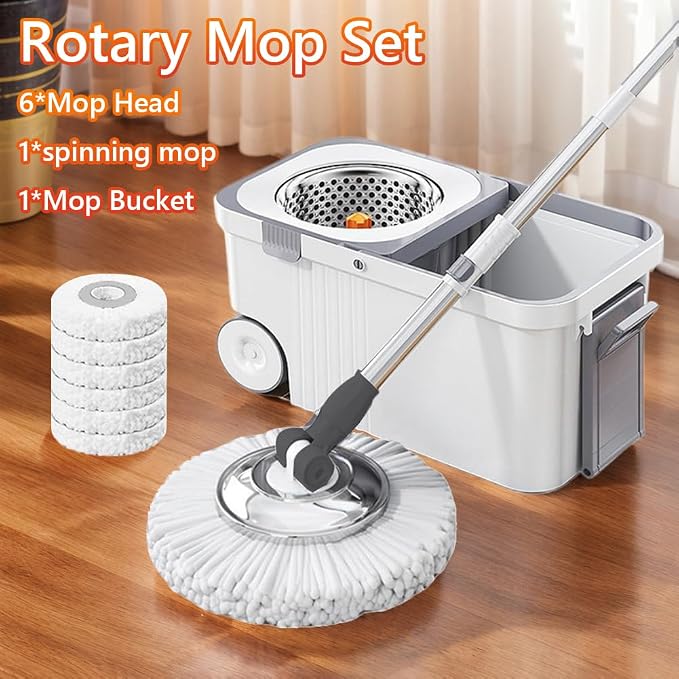 360 Spinning Floor Cleaning System with 6 Replacement Head Refills Extended Handle Hand-Free Automatic Dehydration Mop Cleaning with Bucket for Household Floor Cleaning (White Blue)