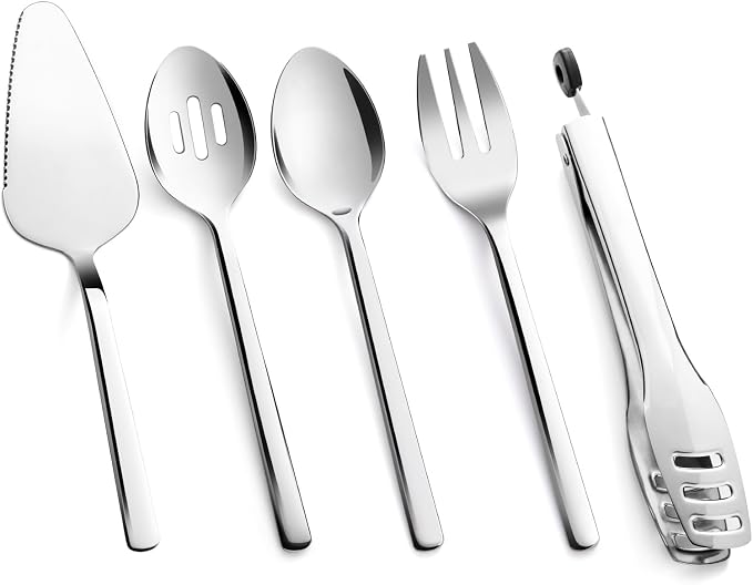 5 piece Large Hostess Serving Utensils Set,18/10 Stainless Steel | Heavy Duty 10-inch Serving Spoons, Slotted Spoons, Serving Fork, Serving Tongs, Cake Pie Server for Buffet, Wedding, Parties