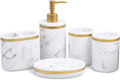 Sierra Selected Bathroom Accessory Set, 5 Piece White Gold Elegant Marble Classic Soap Dispenser Soap Dish 2 Tumblers Toothbrush Holder, Meticulous Housewarming Wedding Gift