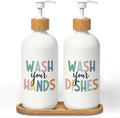 Boho Kids Hand and Dish Soap Dispenser Set, Wash Your Hands & Dishes Glass Soap Dispenser, Hygiene Instruct Colorful Refillable Handsoap Pump Bottle for Bathroom Countertop Kitchen