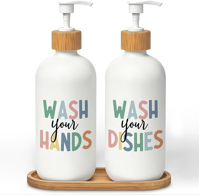 Boho Kids Hand and Dish Soap Dispenser Set, Wash Your Hands & Dishes Glass Soap Dispenser, Hygiene Instruct Colorful Refillable Handsoap Pump Bottle for Bathroom Countertop Kitchen