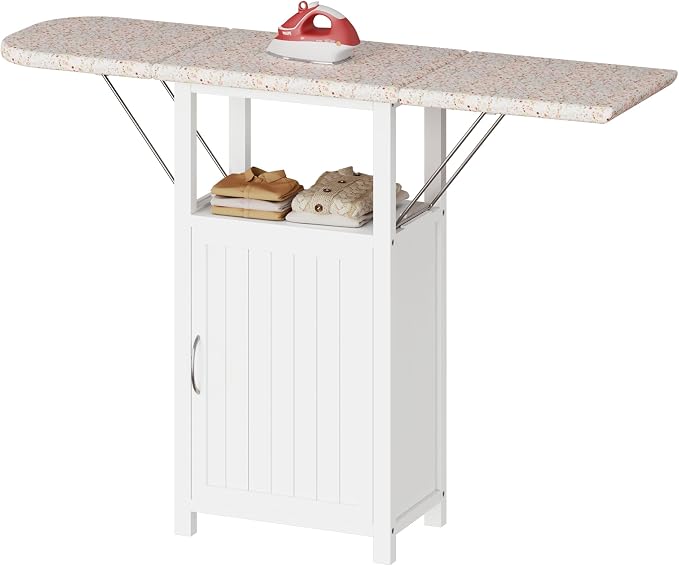 Ironing Board with Storage Cabinet, Folding Ironing Board, Antique White | Ironing Table, Small Ironing Board Cabinet with Heat-Resistant Sponge, Ironing Station for Small Space, Laundry Room