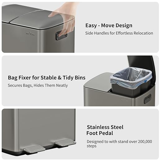 mVm Kitchen Trash Can, 16 Gal (2x8Gal) Dual Trash Can with Lids, 2 Compartment Recycling Bin Anti-Fingerprint for Kitchen Office Garbage Can