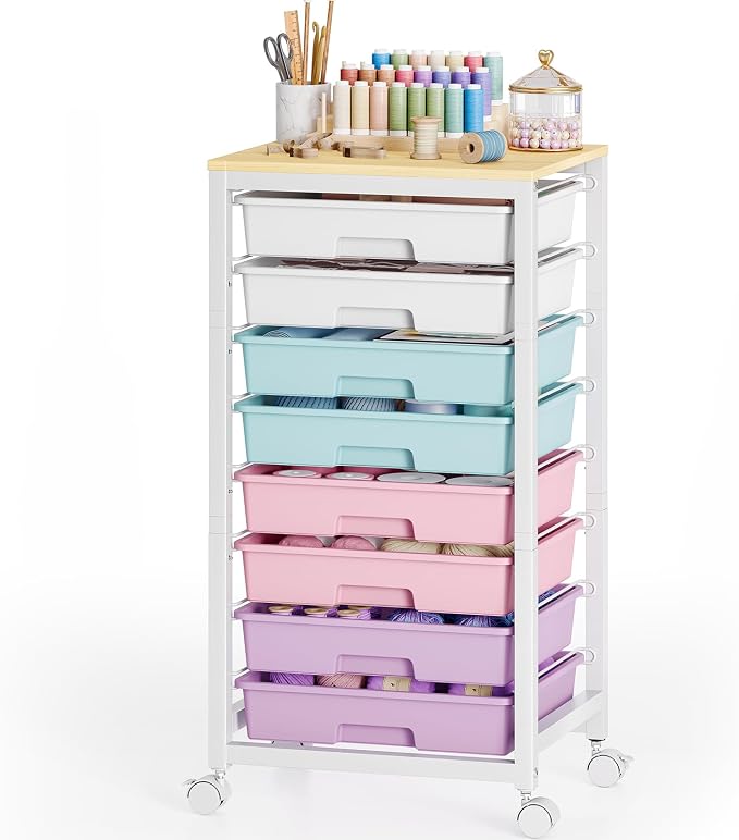 SYKIARIOL Rolling Storage Cart with Drawers,Utility Cart With 8 Drawers and Wooden Tabletop,Rolling Drawer Cart,Storage Drawer Cart for Living Room,Classroom,Bedroom,Bathroom,Dorm,Office, Ice Cream