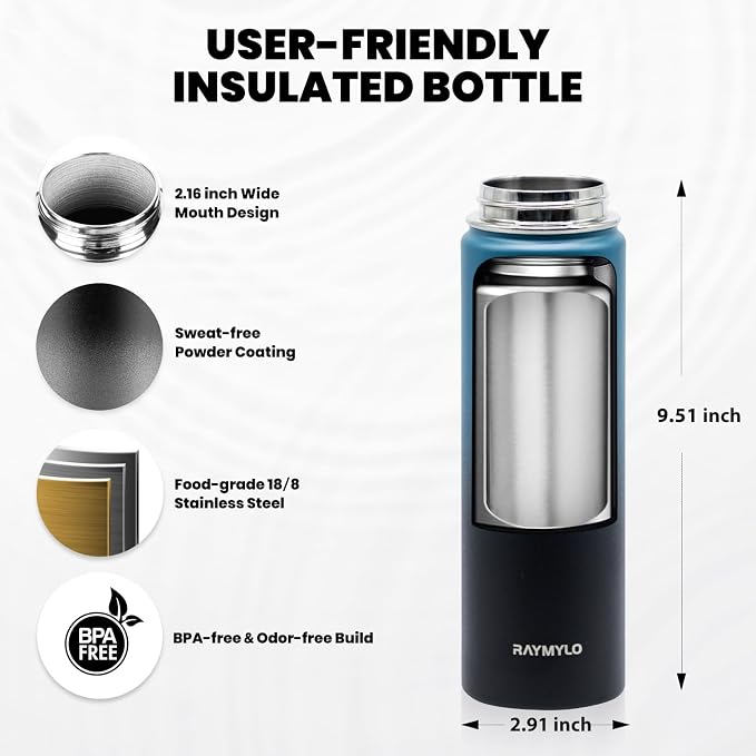 RAYMYLO Insulated Water Bottle 20 oz, Triple Wall Vacuum Stainless Steel (Cold for 24Hrs, Hot for 12Hrs), Leak Proof & Non-BPA, Modern Water Bottle Jug for School with Straw Spout Lids