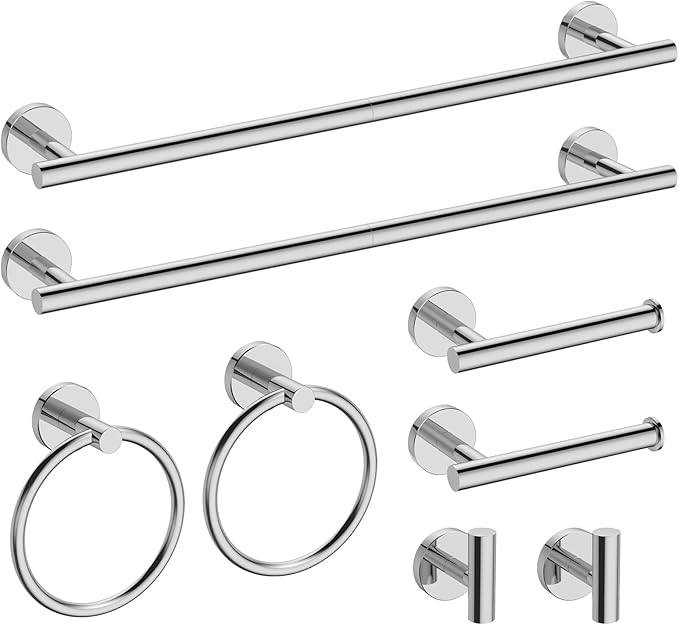 USHOWER Polished Chrome Bathroom Accessories Set, 24-Inch Towel Bar Set Wall Mounted, Durable SUS304 Stainless Steel Bathroom Hardware Set, 8-Piece