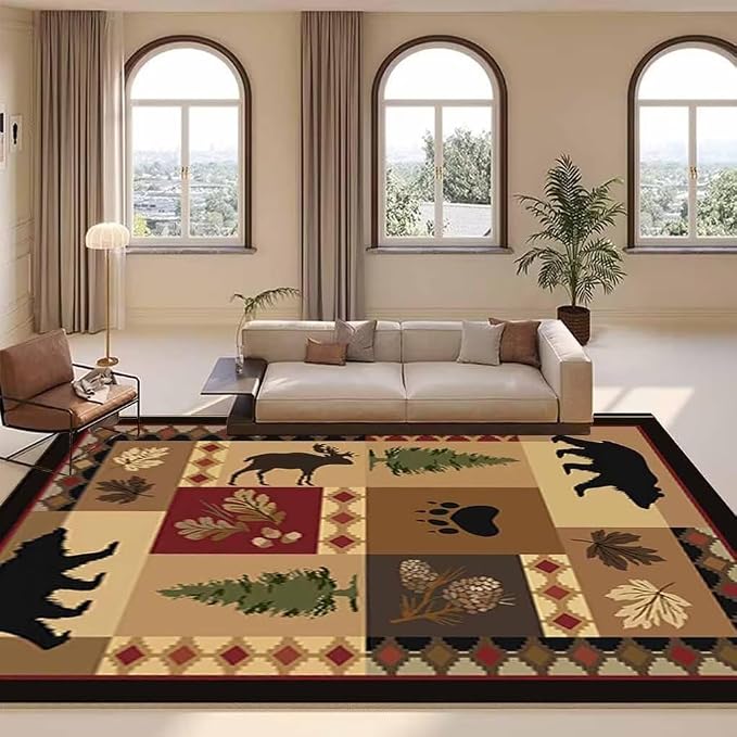 Native Village Cabin Bear Area Rug for Bedroom Non-Slip Western Country Style Throw Rugs Office Decor Lodge Rustic Moose Deer Print Carpet Mats 5'x7'