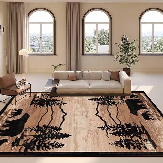 Retro Cabin House Bear Rustic Area Rug for Dining Room Non-Slip Vintage American Style Throw Rugs Home Decor Desert Print Carpet Soft Floor Mat 4'x6'
