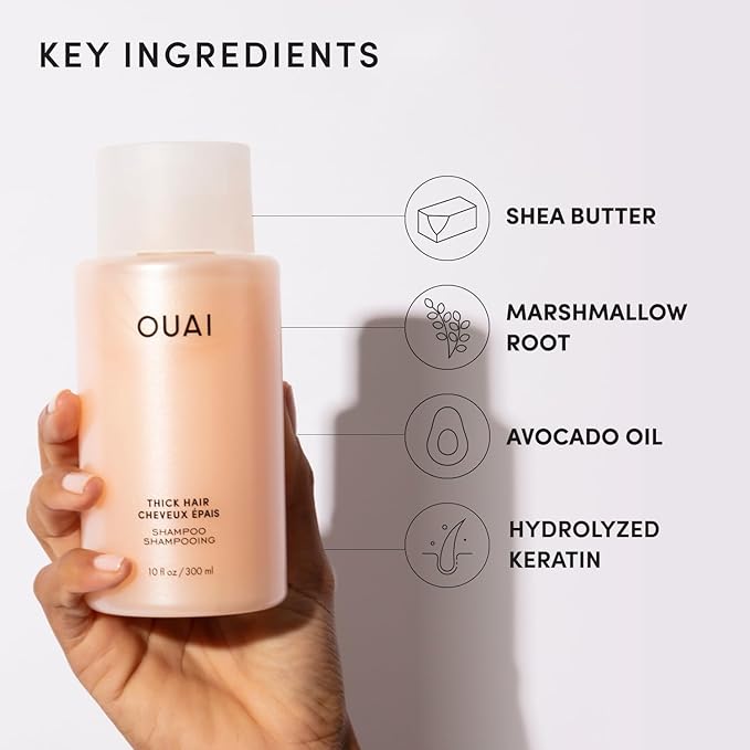 OUAI Thick Hair Shampoo - Hydrating Shea Butter Shampoo for Full, Frizzy Hair - Deeply Moisturizing, Detangling, Split Ends - Marshmallow Root, Avocado Oil & Keratin - Sulfate Free 10 Oz