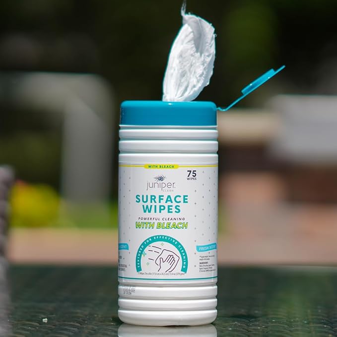 Juniper CLEAN 1 Pack Surface Cleaning Wipes with Bleach, All-Purpose Cleaner for Bathroom, Kitchen, Office, 75 Count Canister, 7.5" x 7" Sheet, Fresh Scent, Lint Free & Durable