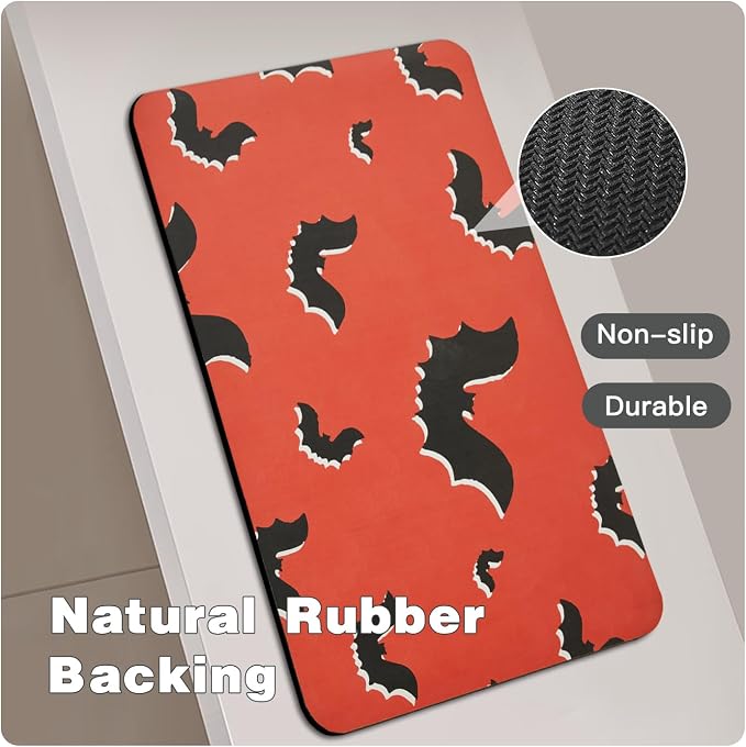 TYUU Halloween Bath Mat, Thin Halloween Bathroom Rug Non Slip Quick Dry Bat Bath Mat Fits Under Door Thin Floor Mat Halloween Decor, 24''x36'', Gothic Bats Orange