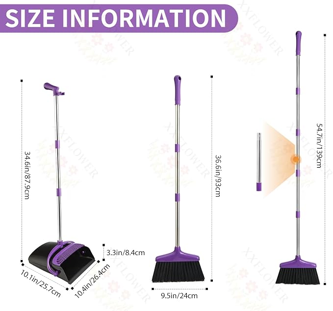 Broom and Dustpan Set with Long Handle, Light Weight Stainless Steel Poles Stand Upright Dustpans with Broom Combo for Home Kitchen Office Pet Dog Hair, 1-Pack (Purple)