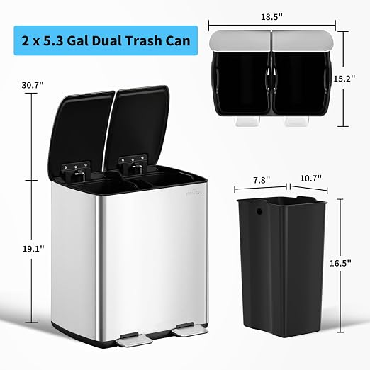 mVm Dual Compartment Trash Can, 10.6 Gal (2x5.3 Gal) Dual Compartment Kitchen Trash Can with Double Layer Lids, Wide Type Modern Kitchen Decor Office Garbage Can(Silver)