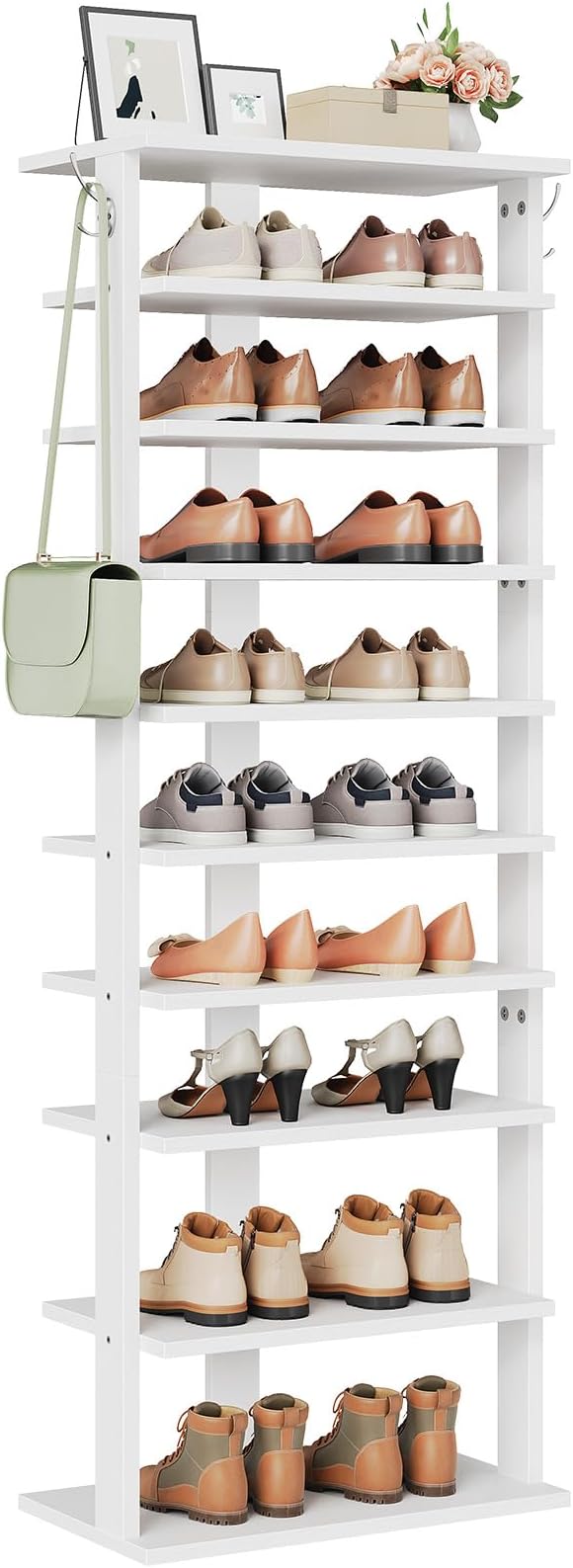 HOOBRO 10 Tiers Vertical Shoe Rack, Wooden Shoe Storage Organizer with Hooks, Narrow Shoe Tower for 20 Pairs, Space Saving, for Entryway, Living Room, Bedroom, White WT140XJ01