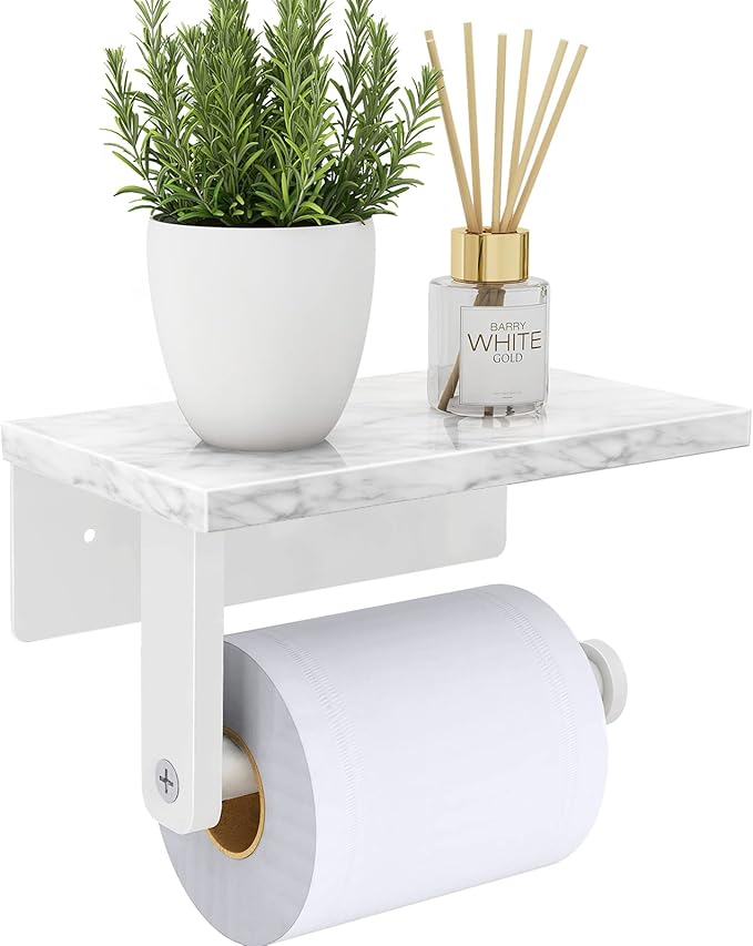Gypie Toilet Paper Holder with Natural Marble Shelf, 304 Stainless Steel Screw Wall Mounted, Tissue Roll Paper Holder Dispenser for Bathroom Washroom White