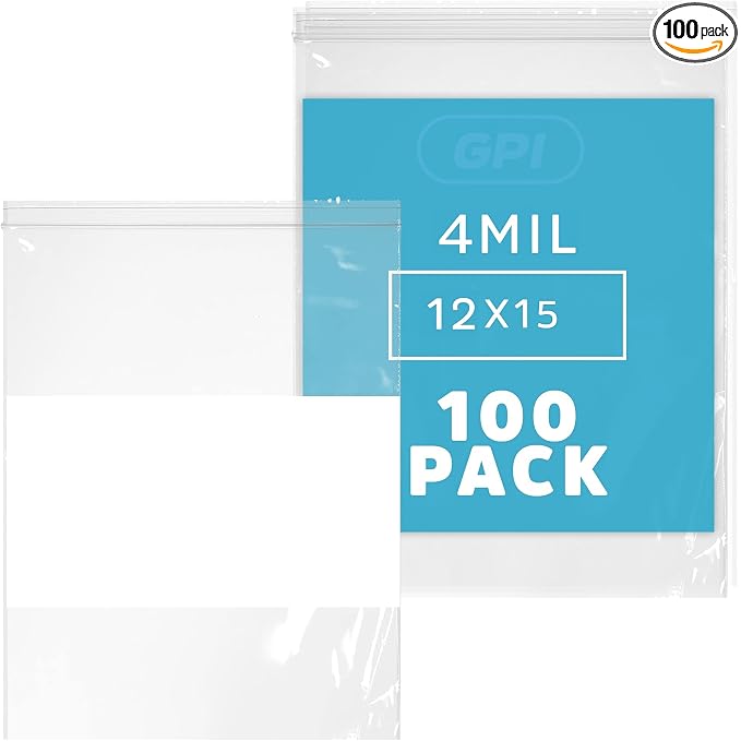 GPI - 12" x 15" - Bulk Pack of 100, 4 Mil Thick, Heavy Duty, Clear Plastic Reclosable Freezer Zip Bags, With White Block for Labeling, Strong & Durable Poly Baggies With Resealable Zipper Top Lock.