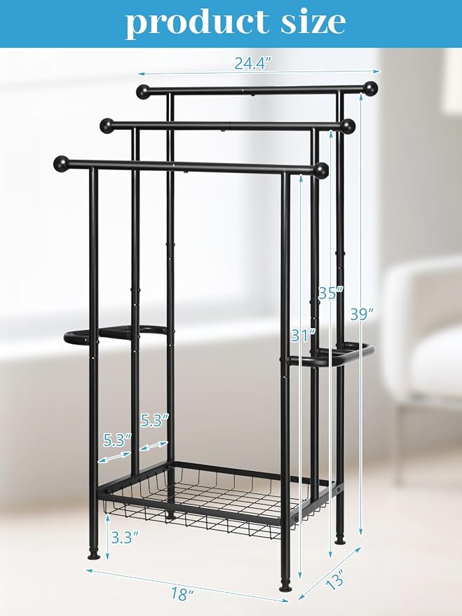 Freestanding Towel Rack for Bathroom, Pool & Outdoor, 3-Tier 39" Metal | Rust-resistant metal towel drying rack with storage basket, designed for oversized towels 24.4" L x 13" W x 39" H