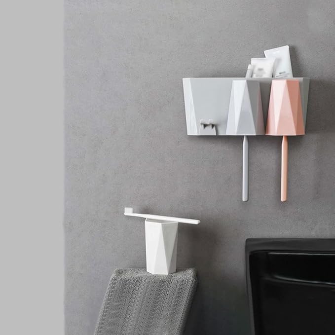 Toothbrush Rack Wall-Mounted Toothbrush Holder Hole-Free Bathroom Storage Rack with Three Sinks and Cups for Toothpaste and Makeup Bathroom Toothbrush Holder(B)