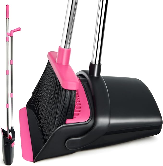 Broom and Dustpan Set, Long Handle Lightweight Dustpans with Broom Combo for Home, Indoor&Outdoor Sweeping for Home Room Kitchen Office Lobby (Black Pink)