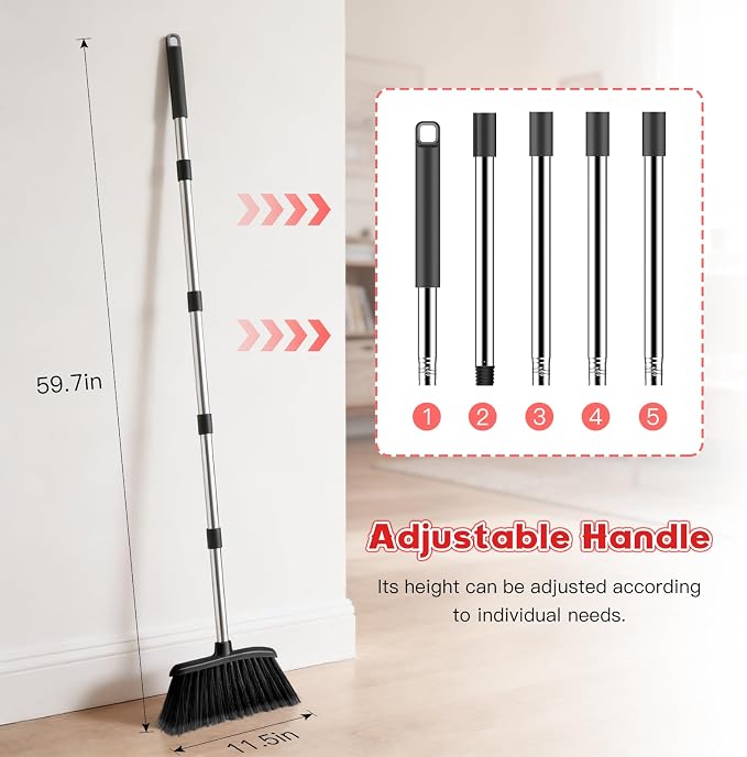 Broom and Step-on Dustpan Set, 59-in Adjustable Long Handle Broom with Dustpan Combo Set Outdoor Angle Broom for Sweeping Indoor Dust Pet Hair for Cleaning Kitchen Garage Deck Patio, Black