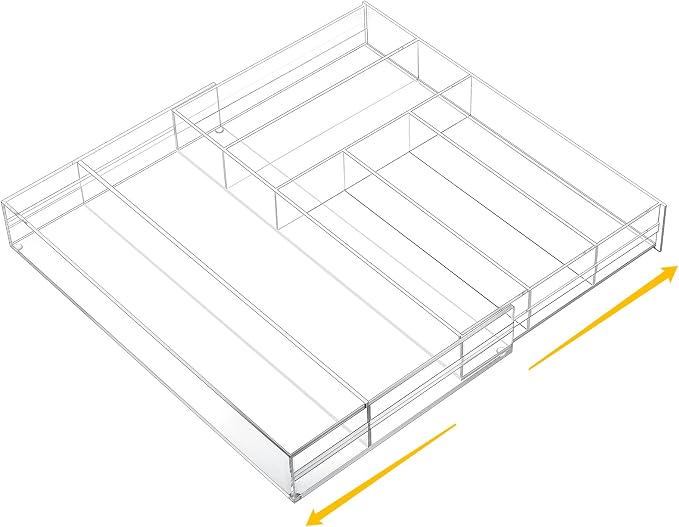 Briwooody 1 Pcs Acrylic Desk Drawer Organizer 9'' up to 18'' x 15'' x 2.1'' Expandable Drawer Organizer Trays with 7 Adjustable Compartments Clear Desk Accessories for Makeup Office Bathroom