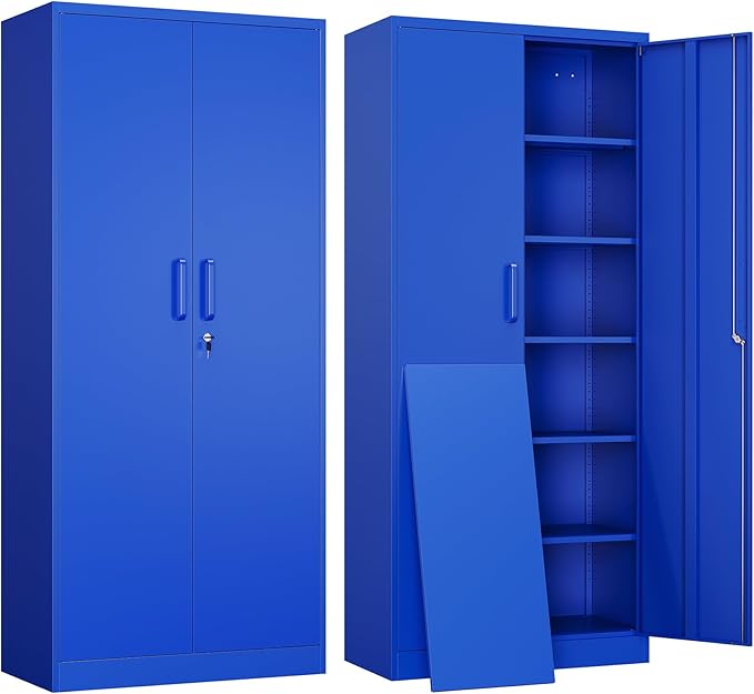 Metal Garage Storage Cabinet with 2 Doors and 5 Adjustable Shelves - 71" Steel Lockable File Cabinet,Locking Tool Cabinets for Office,Home,Garage,Gym,School (Blue)