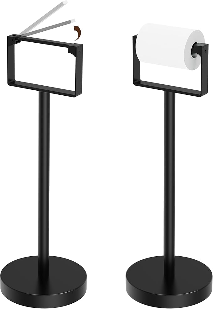 RUACQ Toilet Paper Holder Stand, Magnetic Closure Toilet Paper Stand with Lift-Up Rotating Arm, SUS304 Stainless Steel Bathroom Toilet Paper Holder Free Standing, Weighted Base (Matte Black)