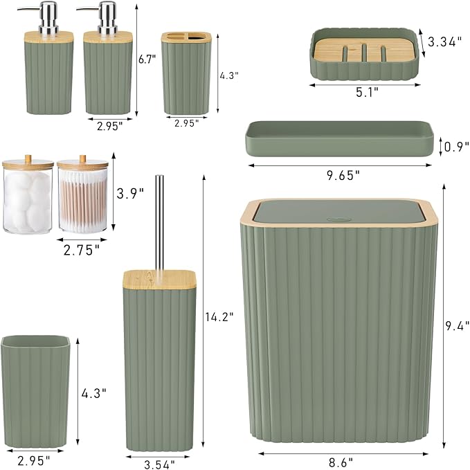 XLHOMO Bathroom Accessories Set - Elegant Sage Green Bathroom Set, 10PC Bathroom Accessory Set, Toilet Brush, Trash Can, Qtip Holder Dispenser & Soap Dispenser
