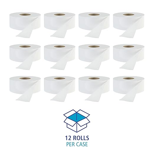 Boardwalk 1-Ply Recycled 9' JRT Fr. Jumbo Roll Toilet Paper, 12-Pack, White, Septic Safe, Compatible with Most Dispensers, Embossed Bath Tissue, 3.3" x 2,000Ft,