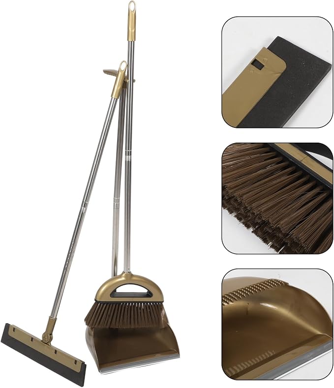 HEMOTON Broom and Dustpan Set with Cleaning Scraper, 3pcs Gold Household Sweeping Kit for Home Floor and Carpet Cleaning