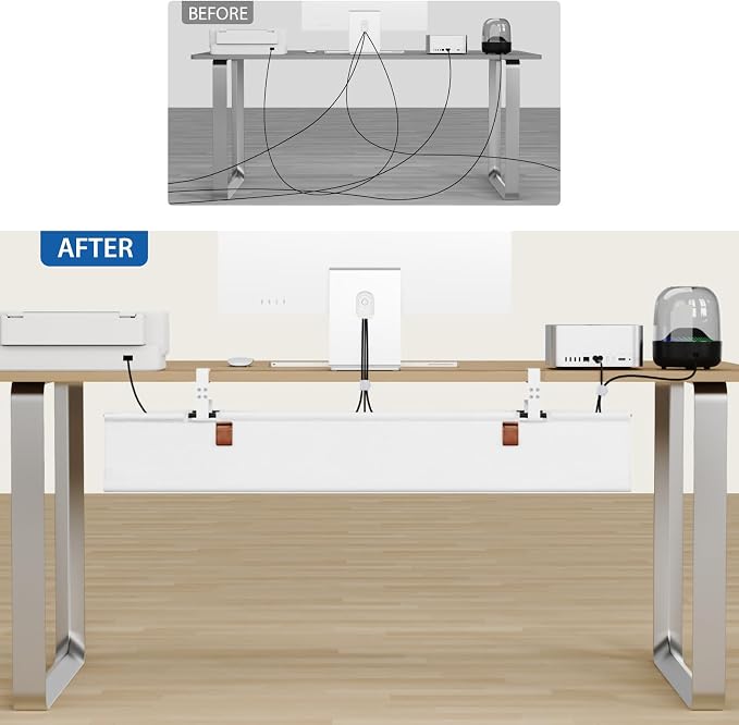 Zilink Large Cable Management Under Desk 40" No Drill Desk Cable Management Clamp/Screw Mount Fabric Cable Tray Sturdy Waterproof Cable Organizer for Office, Home, White