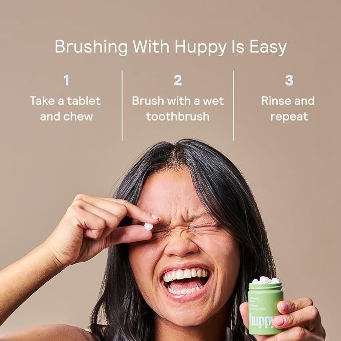 Huppy Toothpaste Tablets, Nano Hydroxyapatite, Fluoride Free and Plastic Free, Natural Whitening, Remineralizing, SLS Free, Travel Friendly Chewable Tabs, Peppermint Flavor, 62 Count (1 Month Supply)