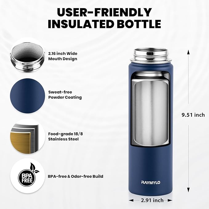 RAYMYLO Insulated Water Bottle 20 oz, Triple Wall Vacuum Stainless Steel (Cold for 24Hrs, Hot for 12Hrs), Leak Proof & Non-BPA, Modern Water Bottle Jug for School with Straw Spout Lids