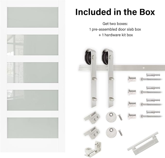 32" x 80" Pre-Assembled Barn Door and 6FT Sliding Door Hardware Kit Included & Handle, 5-Lite Frosted Glass White Sliding Barn Door for Closet Bathroom Bedroom, Solid & Water-Resistant MDF, Paintable