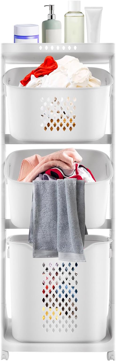 Laundry Basket 3 Tier Rolling Laundry Basket Organizer with Wheels | Laundry Hamper Sorter Portable Storage Baskets Stackable Laundry Baskets System for Small Spaces Closet Bathroom Bedroom