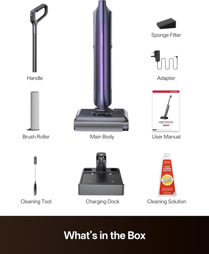 Ultenic Wet Dry Vacuum Cleaner, Vacuum Mop for Wet & Dry Messes, 180° Lay-Flat & Auto Self-Cleaning, 60Mins Runtime ＆ Edge-Cleaning, Anti-Tangle Roller for Hard Floor and Pet Hair, AC1 TriFlex Violet