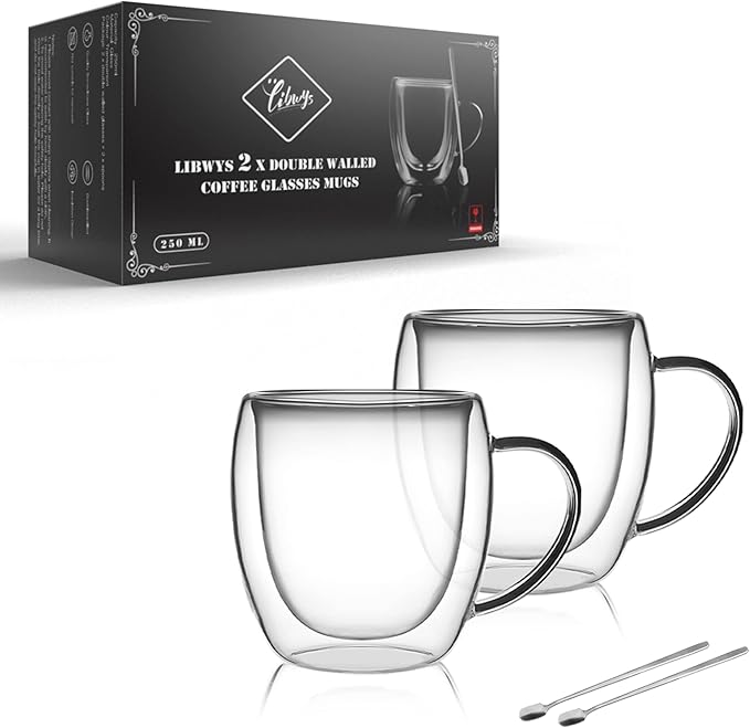 LIBWYS 2 Pack 250ml Double Walled Glass Coffee Mugs with 2 Spoons, Cappuccino Latte Tea Cups with Handle, Heat Resistant Drinking Glasses (2x250ml)