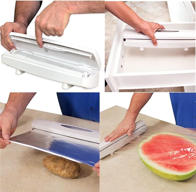 2 Packs Plastic Wrap Cutter Plastic Wrap tastic Easy to Use Food Freshness Wrap Dispenser, Just Pull, Press, Cut, and Wrap Food in Parchment Paper, Aluminum Foil, Cling Wrap, or Your Favorite Material