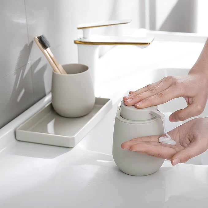 GAHEFY Small Beige White Bathroom Accessories Set with Mini Trash Can 3 Liter/0.8 Gallon,Toothbrush Holder,Soap Dispenser,Vanity Tray,Toilet Brush and Holder (Beige White 5pcs)