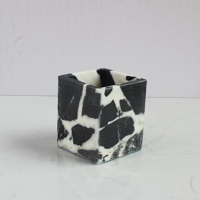 Natural Calacatta Viola Black Marble Square Storage Container for Toothbrush/Makeup Brush/Pens, Countertop Organizer Bathroom