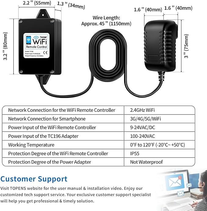 TOPENS TC196 Tuya WiFi Remote Control for Automatic Swing Sliding Gate Opener Garage Door Opener with iOS and Android App WiFi & Bluetooth Security Gate Controller