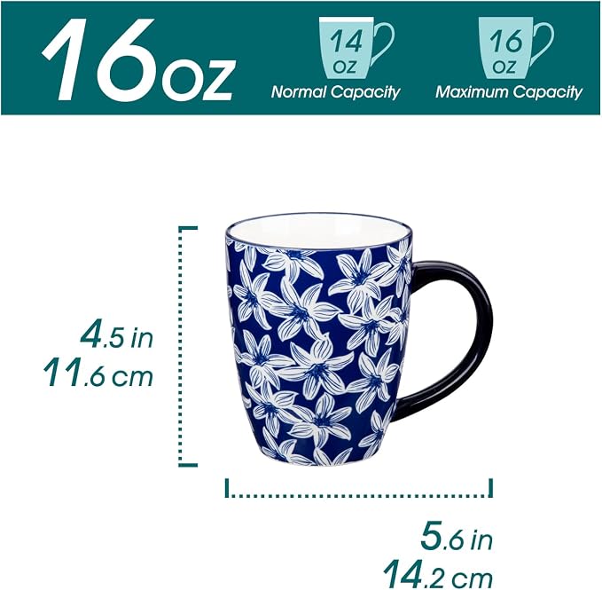 vancasso SELENE Large Coffee Mugs Set of 6, 16 Oz Porcelain Coffee Cups with Handle, Ceramic Tea Cup for Cappuccino, Latte, Tea, Cocoa, Dishwasher & Microwave Safe Gift Sets, Vintage Blue