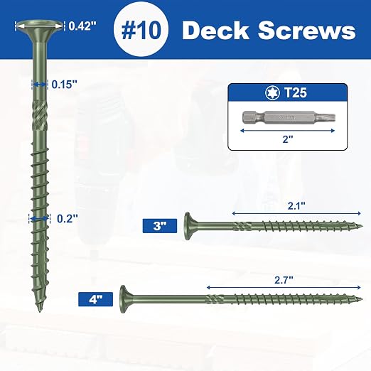 #10 x 3” Deck Screws, 500Pcs Star Drive Wood Screws | Rust Resistant Timber Screws for Timber/Log/Landscaping Wood, T25 Star Bit Included, Green