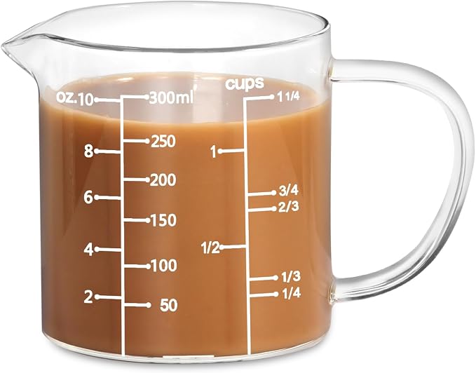 77L Glass Measuring Cup, Clear Liquid Measuring Cup with V-Shaped Spout and Three Scales, High Borosilicate Glass Beaker with Handle for Kitchen or Restaurant, 300 ML (0.3 Liter, 1 1/4 Cup)