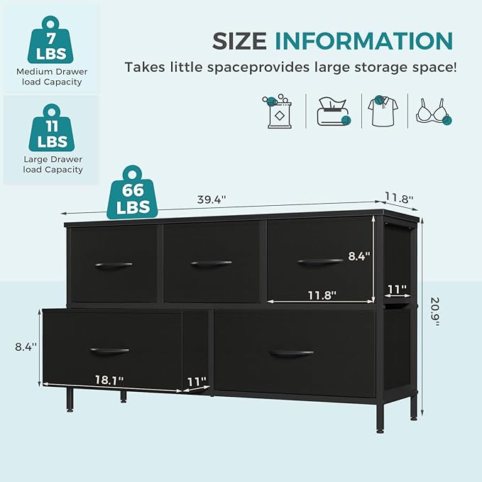 OLIXIS 5 Drawer Black Dresser for Bedroom, Closet Chest Organizer Furniture | TV Stand for Living Room Hallway, Wide Fabric Storage Tower with Wooden Top and Metal Frame