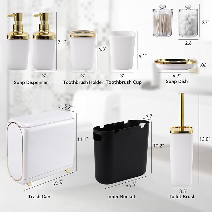 XLHOMO Bathroom Accessories Set, 9 Pieces White Bathroom Set, Bathroom Accessory Set with Slim Trash Can,Soap Dispenser,Toilet Brush,Toothbrush Set, Qtip Holders for Housewarming